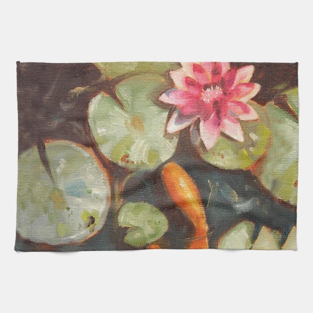 Goldfish Koi Pond Water Lilies Tea Towel (Horizontal)