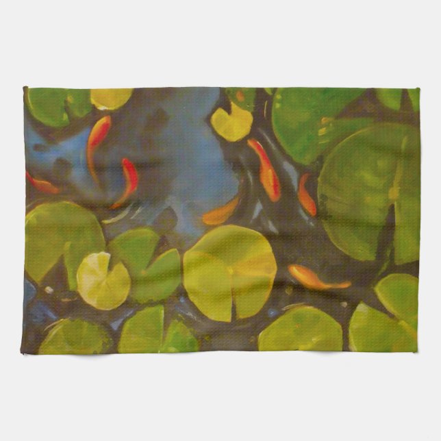 Goldfish Koi Pond Water Lilies Tea Towel (Horizontal)
