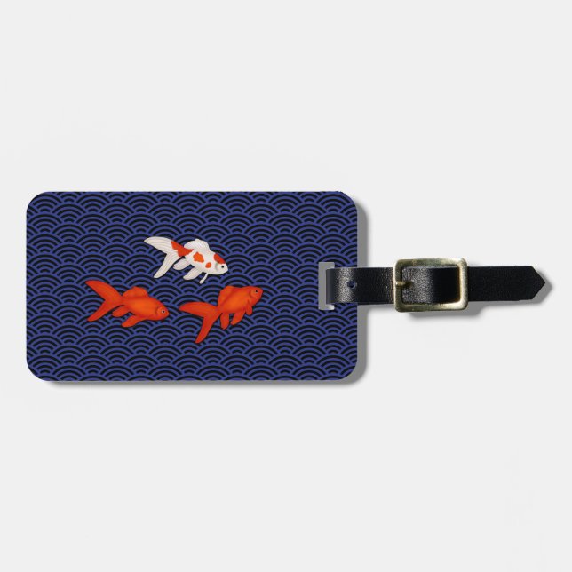 Goldfish on Seigaiha Pattern Japanese Personalised Luggage Tag (Front Horizontal)