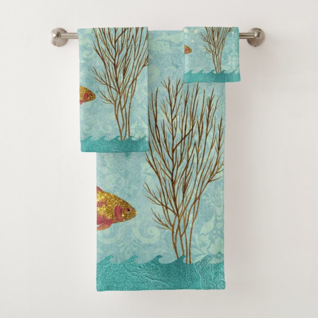 Goldfish Teal Pearl Confetti Seaweed Bath Towel Set (Insitu)
