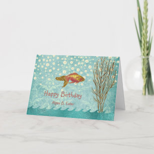 Goldfish Teal Pearl Confetti Seaweed Birthday Card