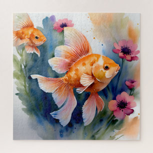 Goldfish Watercolor Floral Jigsaw Puzzle