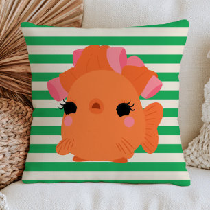 Goldfish with Hair Rolls On Green Stripes Quirky Cushion