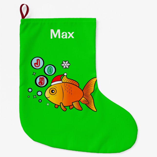 Goldfish with Santa Hat and Bubbles of Joy Large Christmas Stocking (Front)