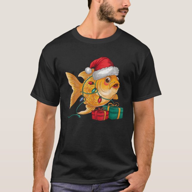 Goldfish Xmas Lighting Santa Hat Goldfish Christma T-Shirt (Front)