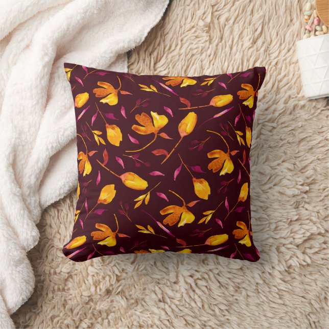 Goldie-Gold and Magenta Poppy Floral on Burgundy Cushion (Blanket)