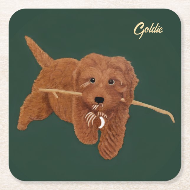 Goldie Golden Doodle Square Paper Coaster (Front)