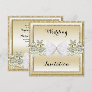 GoldSequins & Floral Gems Glitter Bow Wedding Invitation