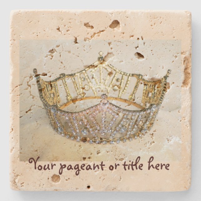 Goldtone Crown Coaster Travertine with text (Front)