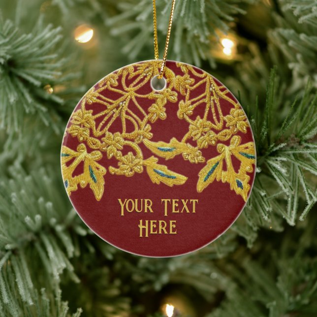 Goldwork Embroidery on Fabric Effect, your text Ceramic Tree Decoration (Tree)