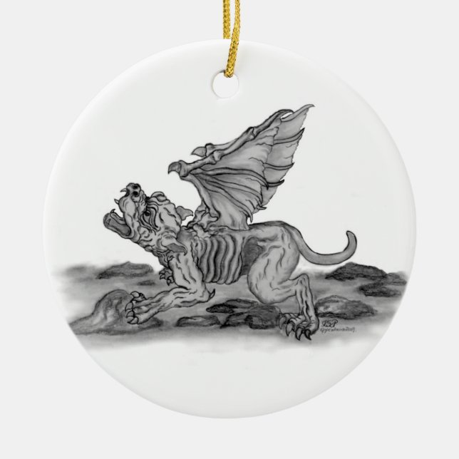 Golem Gargoyle schwarz weiss Zeichnung Ceramic Tree Decoration (Front)