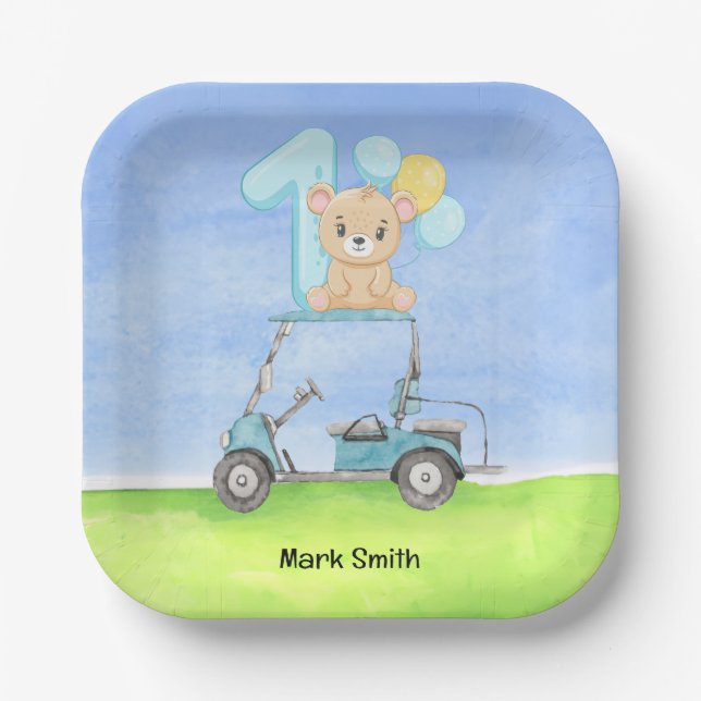 Golf 1st Birthday for baby boy golfer Paper Plate (Front)