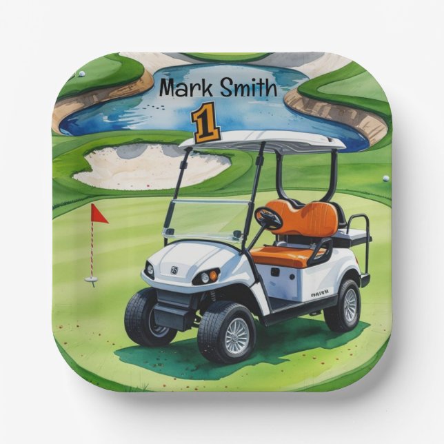 Golf 1st Birthday for baby  golfer on green  Paper Plate (Front)