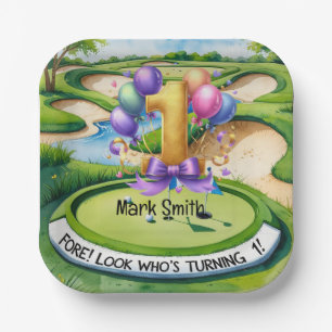 Golf 1st Birthday for baby  golfer on green  Paper Plate