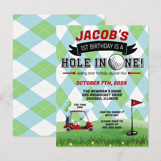 Golf 1st birthday Invitation Postcard (Front/Back)