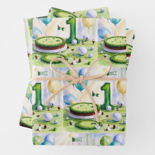 Golf 1st birthday one year old golfer with cake wrapping paper sheet