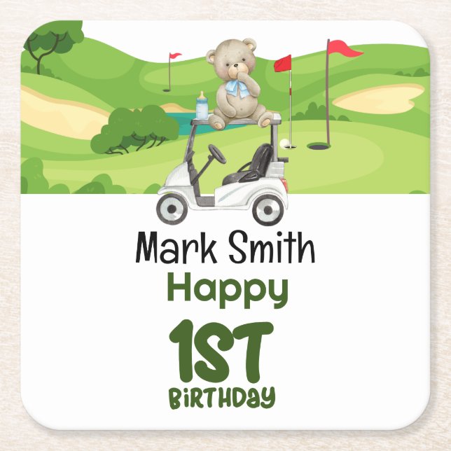 Golf 1st birthday one year old golfer with cart  square paper coaster (Front)