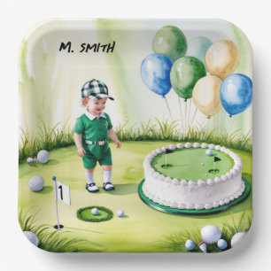 Golf 1st birthday one year old golfer with Name Paper Plate