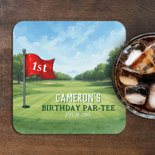 Golf 1st Birthday Party Hole In One Square Paper Coaster