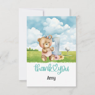Golf 1st Birthday Teddy Bear golfer in golf course Thank You Card