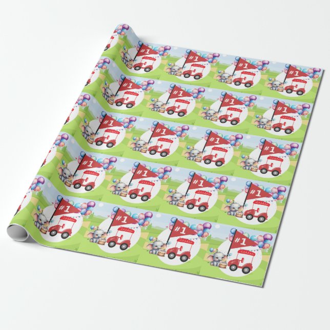 Golf 1st Birthday with red golf cart on green  Wrapping Paper (Unrolled)