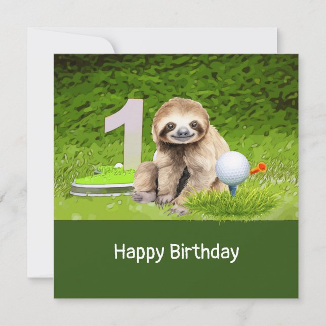 Golf  1st Birthday with Sloth Golfer  Card (Front)