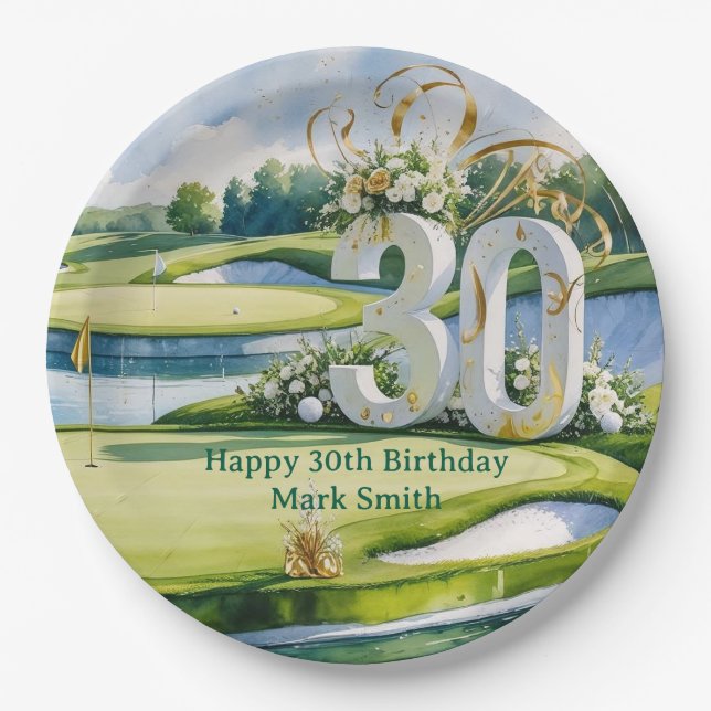 Golf 30th Birthday on golf course Paper Plate (Front)
