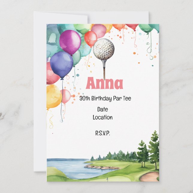 Golf 30th Birthday Par tee with Balloon  Invitation (Front)