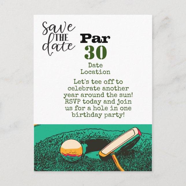 Golf 30th Birthday party save the date card (Front)