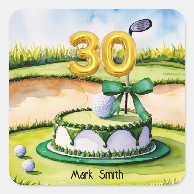 Golf 30th Birthday with Birthday Cake for Golfer  Square Sticker (Front)