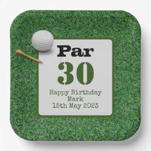 Golf 30th Birthday with golf ball on green grass Paper Plate