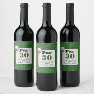Golf 30th Birthday with golf ball on green grass Wine Label