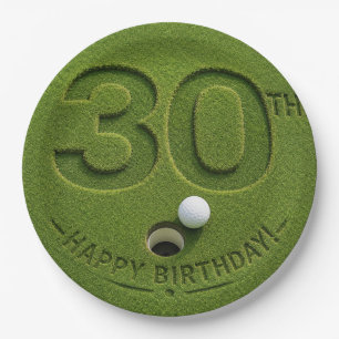 Golf 30th Birthday with golf cart on putting green Paper Plate