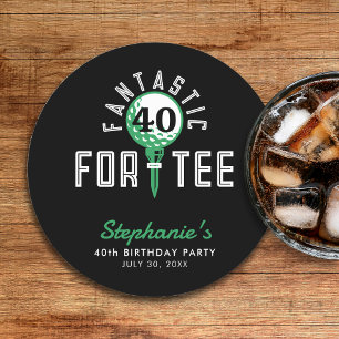 Golf 40th Birthday Party Fantastic For-Tee Black Round Paper Coaster