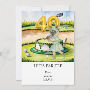 Golf 40th Birthday with cake for cat lovers Invitation