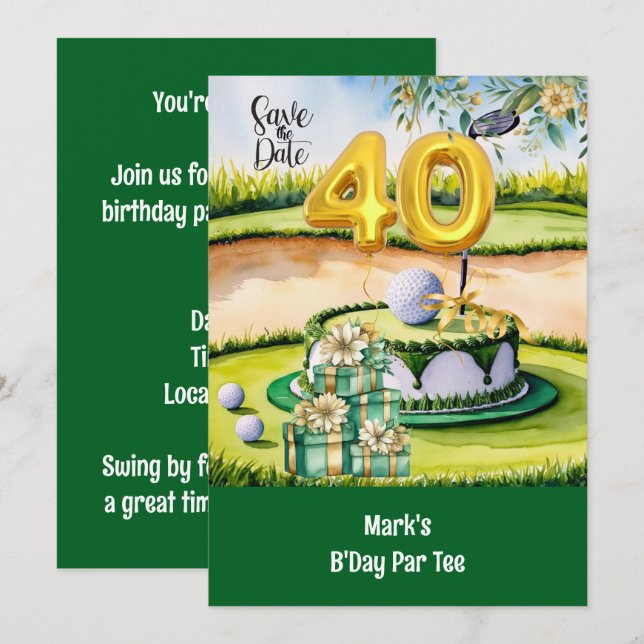 Golf 40th Birthday with Cake on Course for Golfer Invitation (Front/Back)