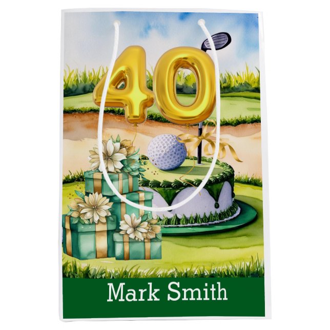 Golf 40th Birthday with Cake on Course for Golfer Medium Gift Bag (Front)