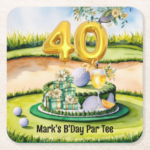 Golf 40th Birthday with Cake on Course for Golfer Square Paper Coaster