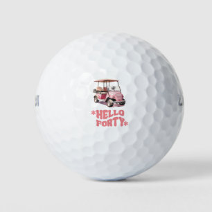 Golf 40th birthday with pink cart woman golfer balls