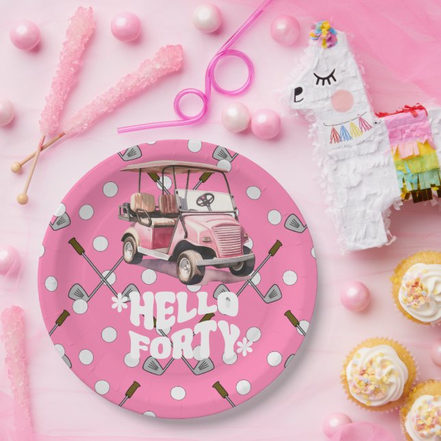 Golf 40th birthday with pink cart  woman golfer paper plate (Party)