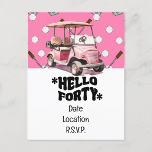 Golf 40th birthday with pink cart woman golfer postcard