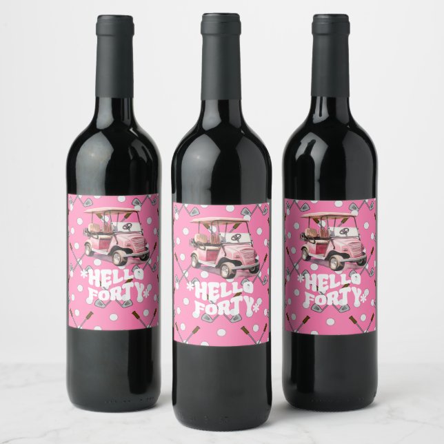 Golf 40th birthday with pink cart  woman golfer wine label (Bottles)