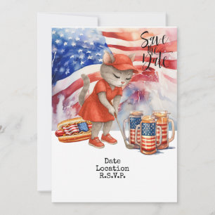 Golf 4th July Cat invitation card save the date