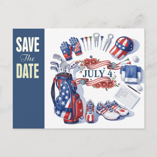 GOLF 4th July save the date for golfer Postcard (Front)