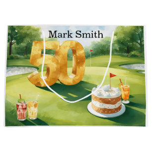  Golf 50th Birthday for golfer with cake on green Large Gift Bag