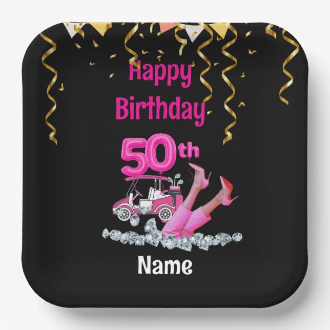 Golf 50th Birthday in Pink theme for woman golfer Paper Plate (Front)