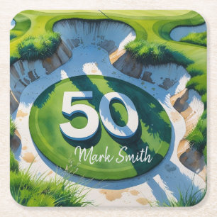 Golf 50th Birthday on Golf Course Square Paper Coaster