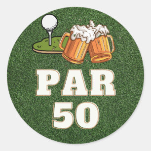 Golf 50th Birthday Par Fifty on green with beer Classic Round Sticker