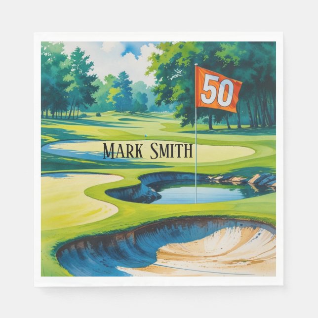 Golf 50th Birthday  to You with Golf Flag  Napkin (Front)
