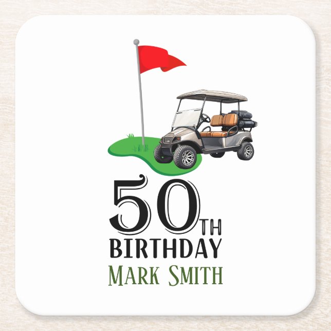 Golf 50th Birthday  to You with Golf Flag  Square Paper Coaster (Front)